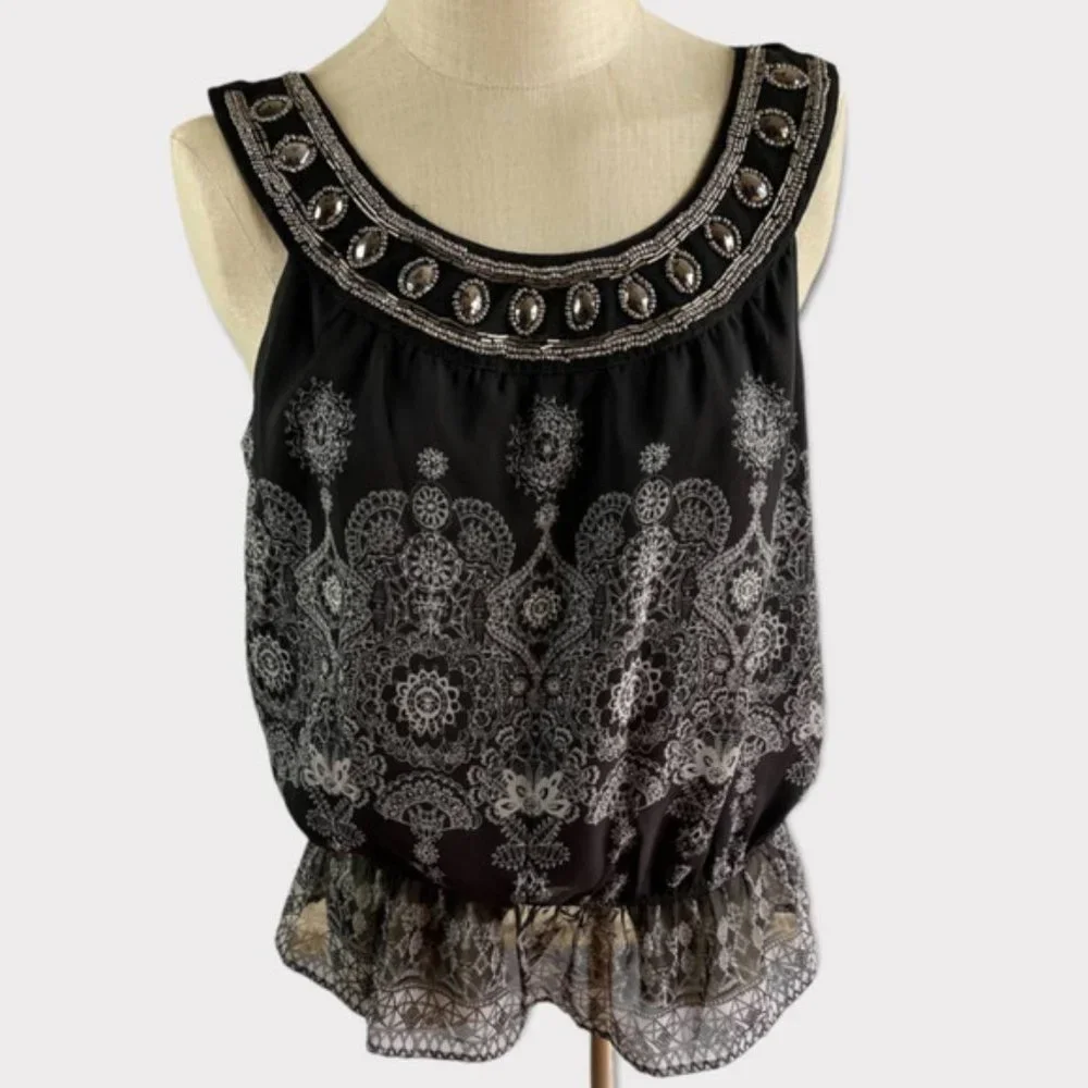 Apt. 9 Sleeveless Blouse Black Sleeveless Round Neck beaded Tie Back S - Picture 1 of 8